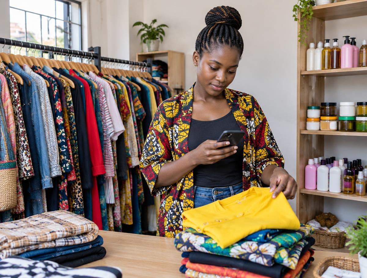 A retail owner checking stock among clothes and beauty products