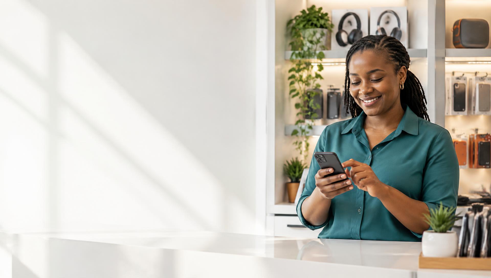 A business owner using her phone in a technology and accessories shop